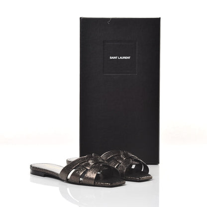 Saint Laurent Metallic Crackled Calfskin Nu Pied 05 Slide Sandals 36 Black Gunmetal 10 of 10