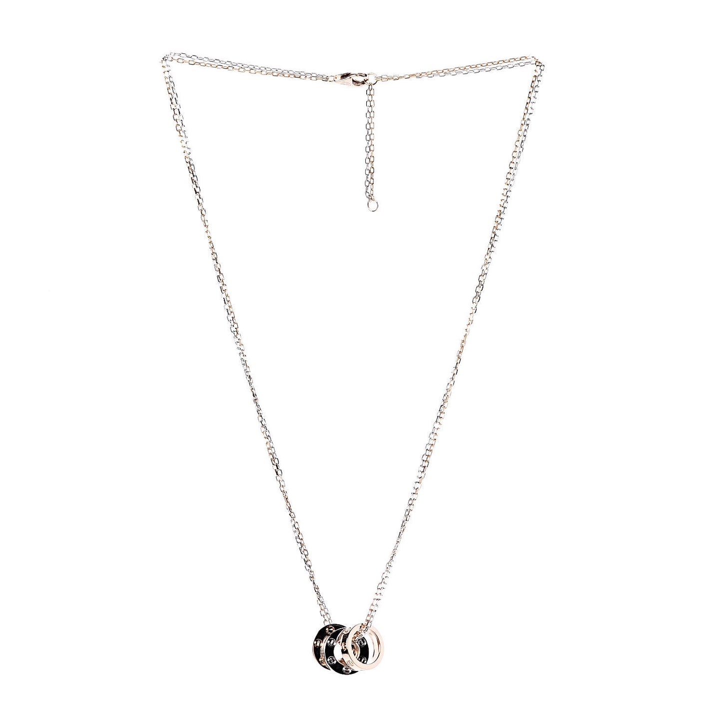 18K White Pink Gold Diamond Three Ring LOVE Pendant Necklace