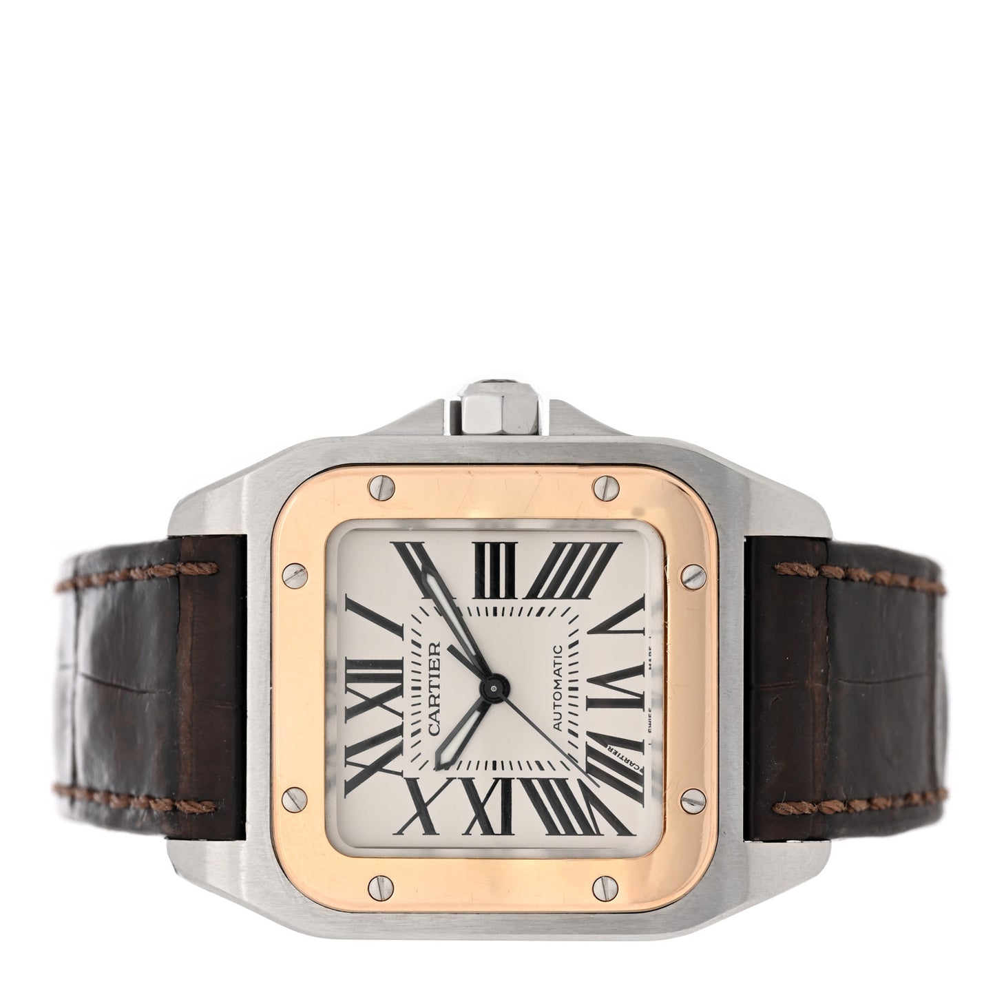 Stainless Steel 18K Yellow Gold Alligator 33mm Santos 100 Automatic Watch Brown