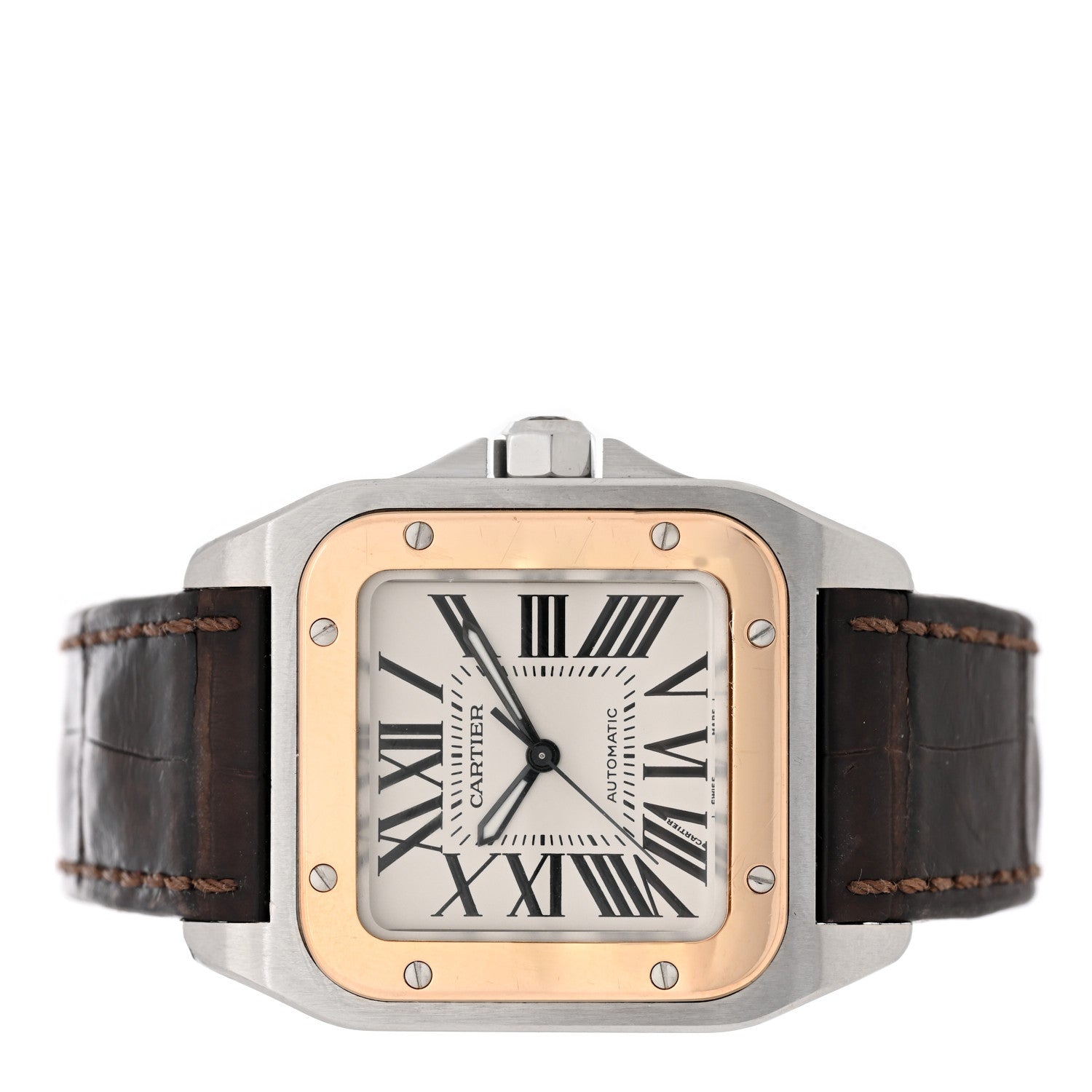 Cartier Stainless Steel 18K Yellow Gold Alligator 33mm Santos 100 Automatic Watch Brown 2 of 6