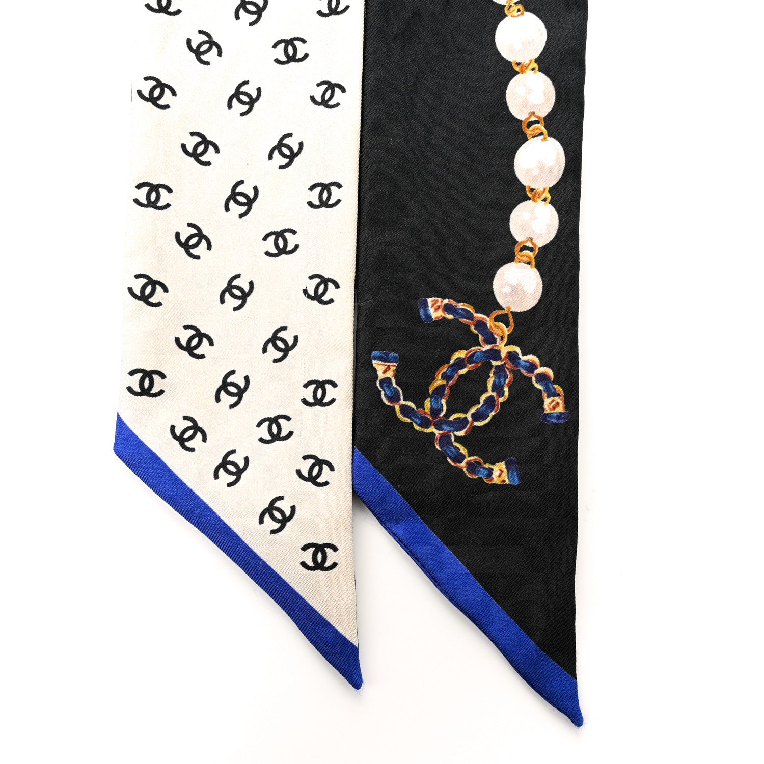 Chanel Silk Pearl CC Chain Slim Bandeau Scarf Dark Grey Blue Ecru 2 of 7