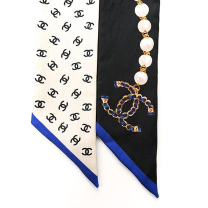 Chanel Silk Pearl CC Chain Slim Bandeau Scarf Dark Grey Blue Ecru 2 of 7
