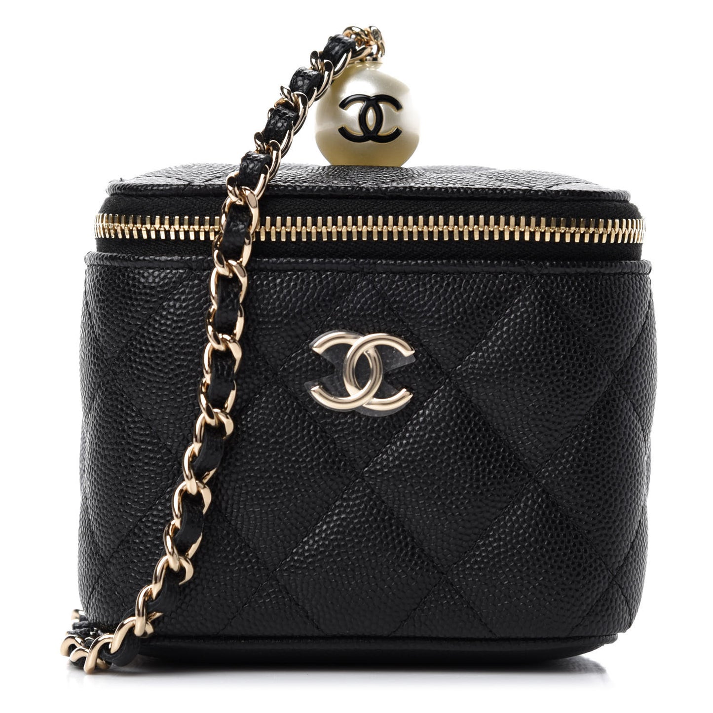 Caviar Quilted Mini Pearl On Top Vanity Case With Chain Black