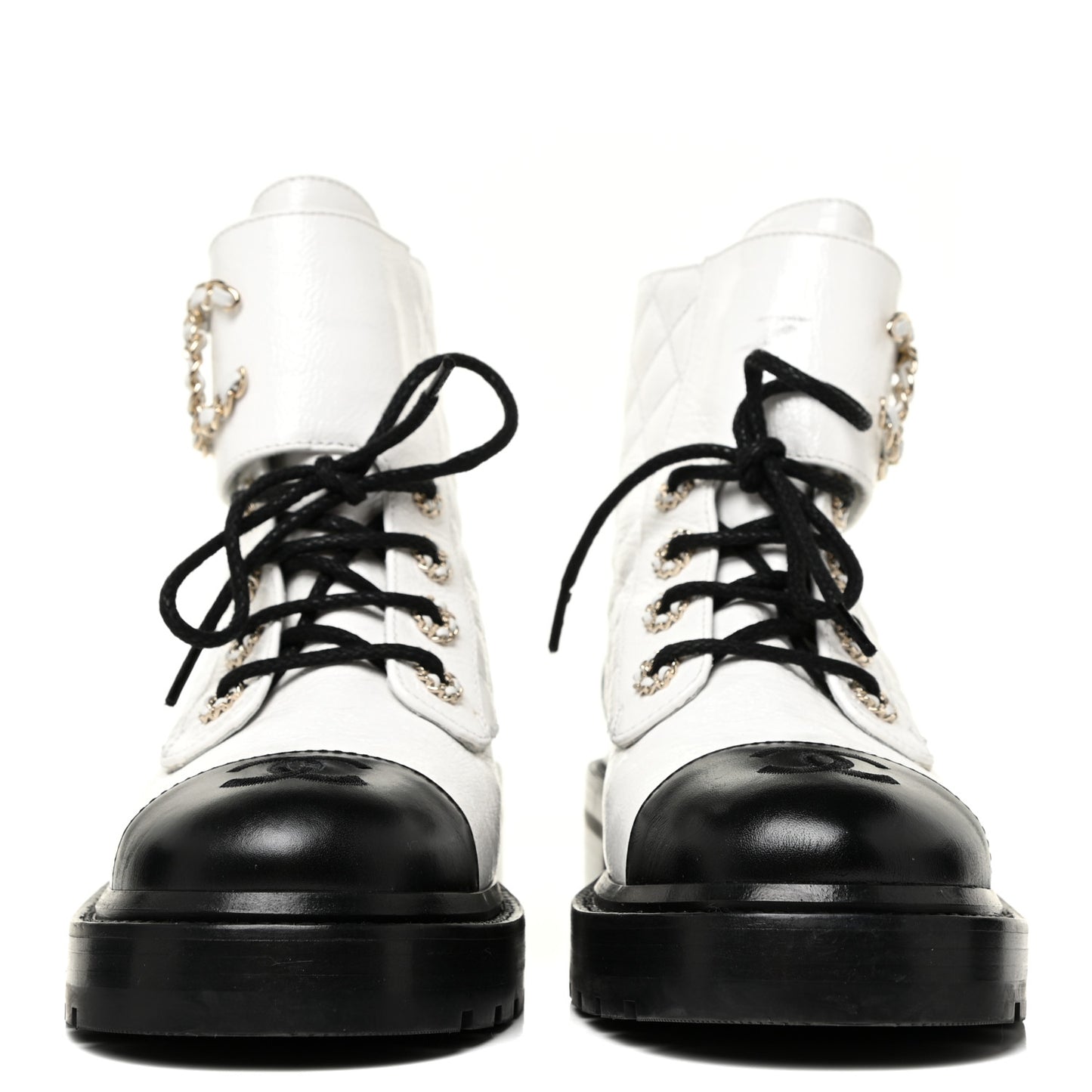 Shiny Goatskin Calfskin Quilted Lace Up Combat Boots 37 White Black