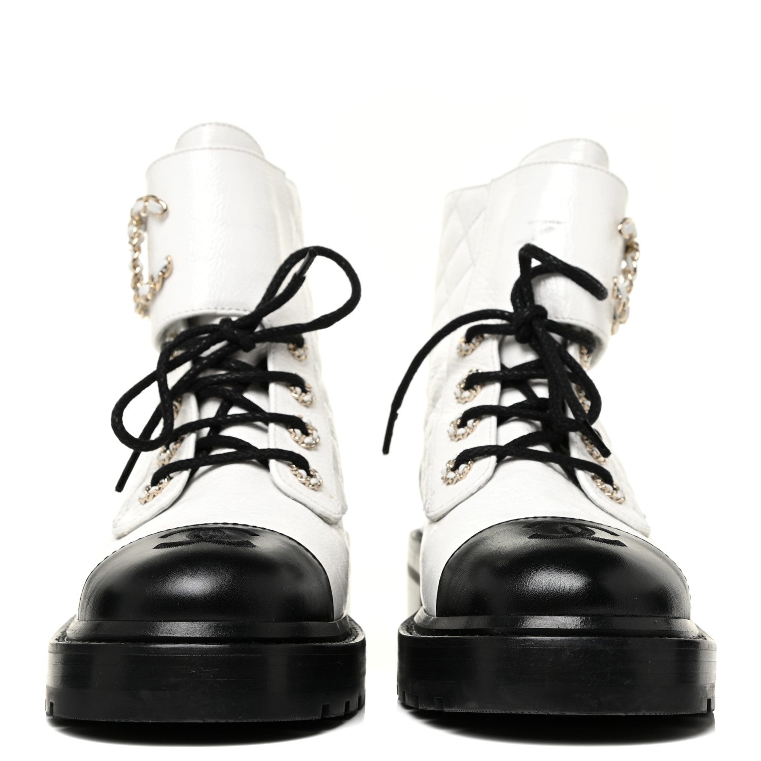 Chanel Shiny Goatskin Calfskin Quilted Lace Up Combat Boots 37 White Black 2 of 12