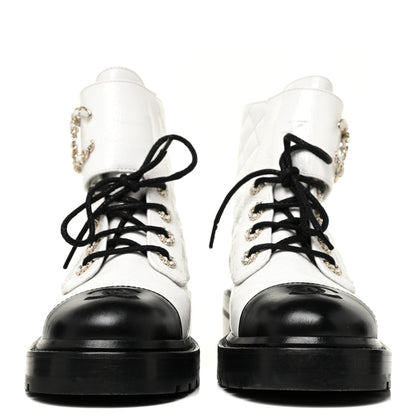 Chanel Shiny Goatskin Calfskin Quilted Lace Up Combat Boots 37 White Black 2 of 12