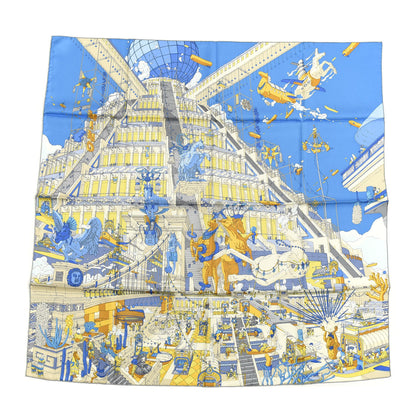Hermes Silk La Legende Du Cheval A Plumes Scarf 90 Bleu Jaune Gold 1 of 5