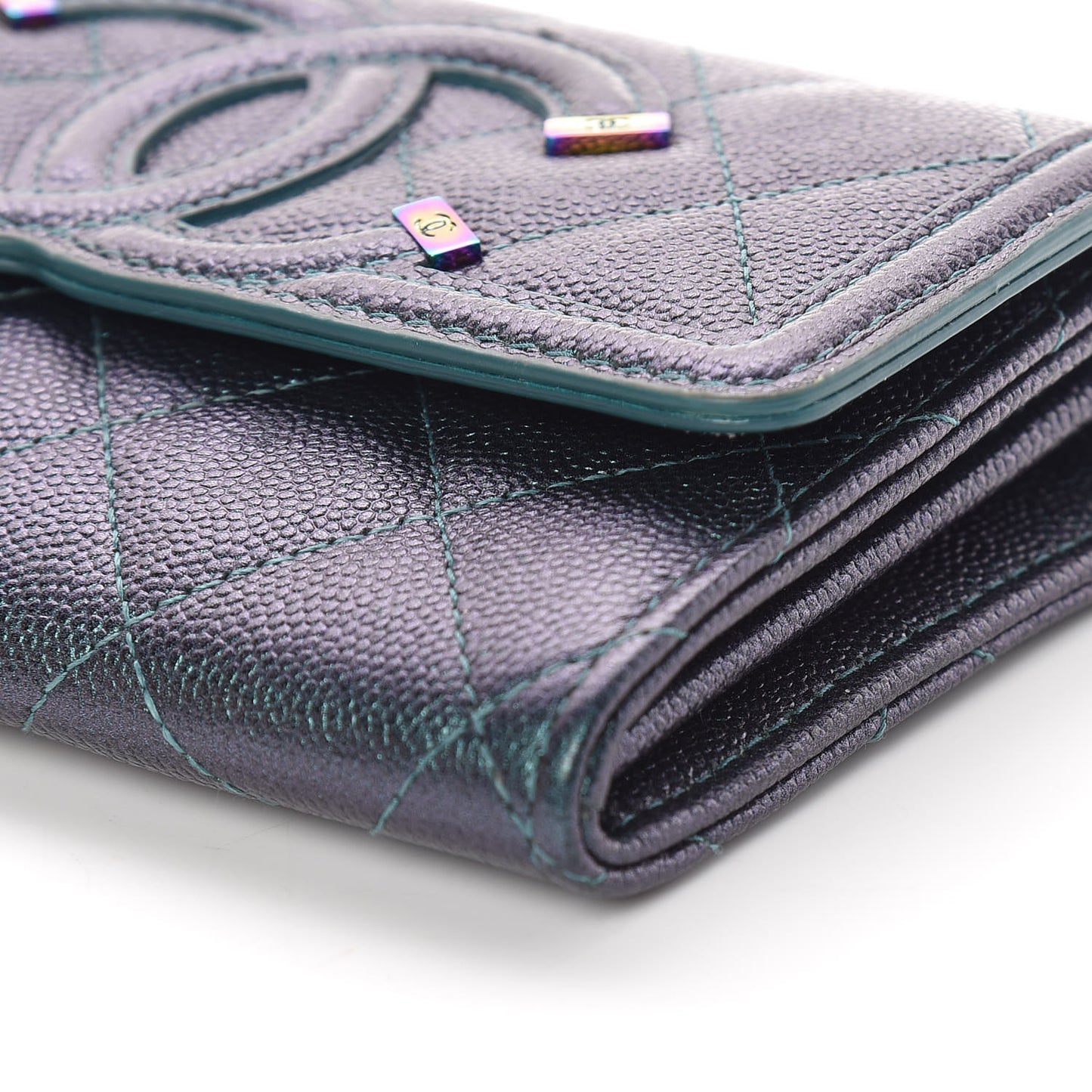Iridescent Caviar Quilted Medium Filigree Flap Wallet Dark Turquoise