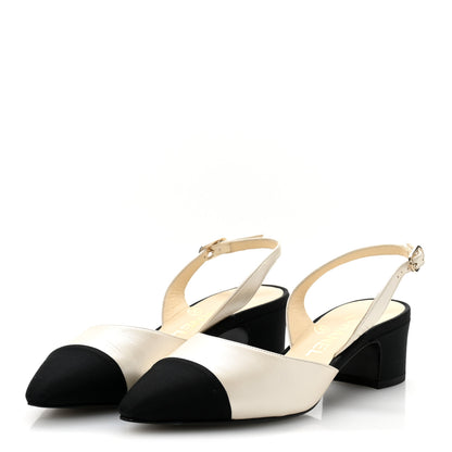 Chanel Iridescent Calfskin Grosgrain Cap Toe CC Slingback Pumps 36 White Black 4 of 11