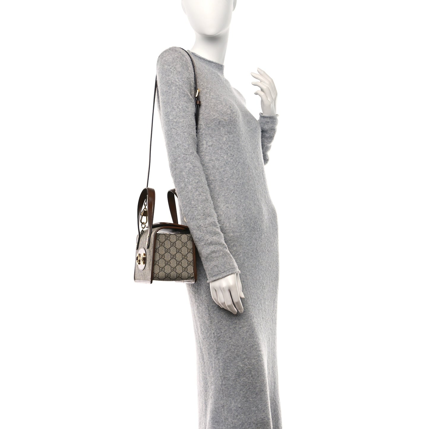 GG Supreme Monogram Azalea Calfskin Mini Horsebit 1955 Foldover Top Handle Bag Beige Ebony Brown Sugar