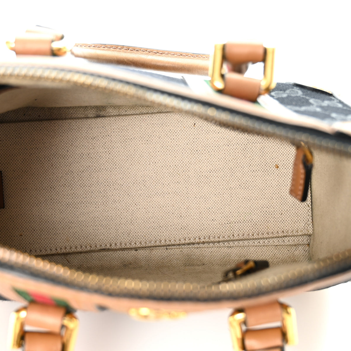 Monogram Textured Dollar Calfskin Web Mini Bauletto Duffle Top Handle Bag Black Koi Beige