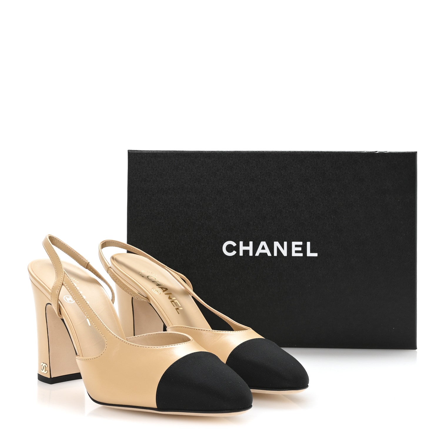 Chanel Goatskin Grosgrain Cap Toe CC Slingback Pumps 40 Beige Black 9 of 9
