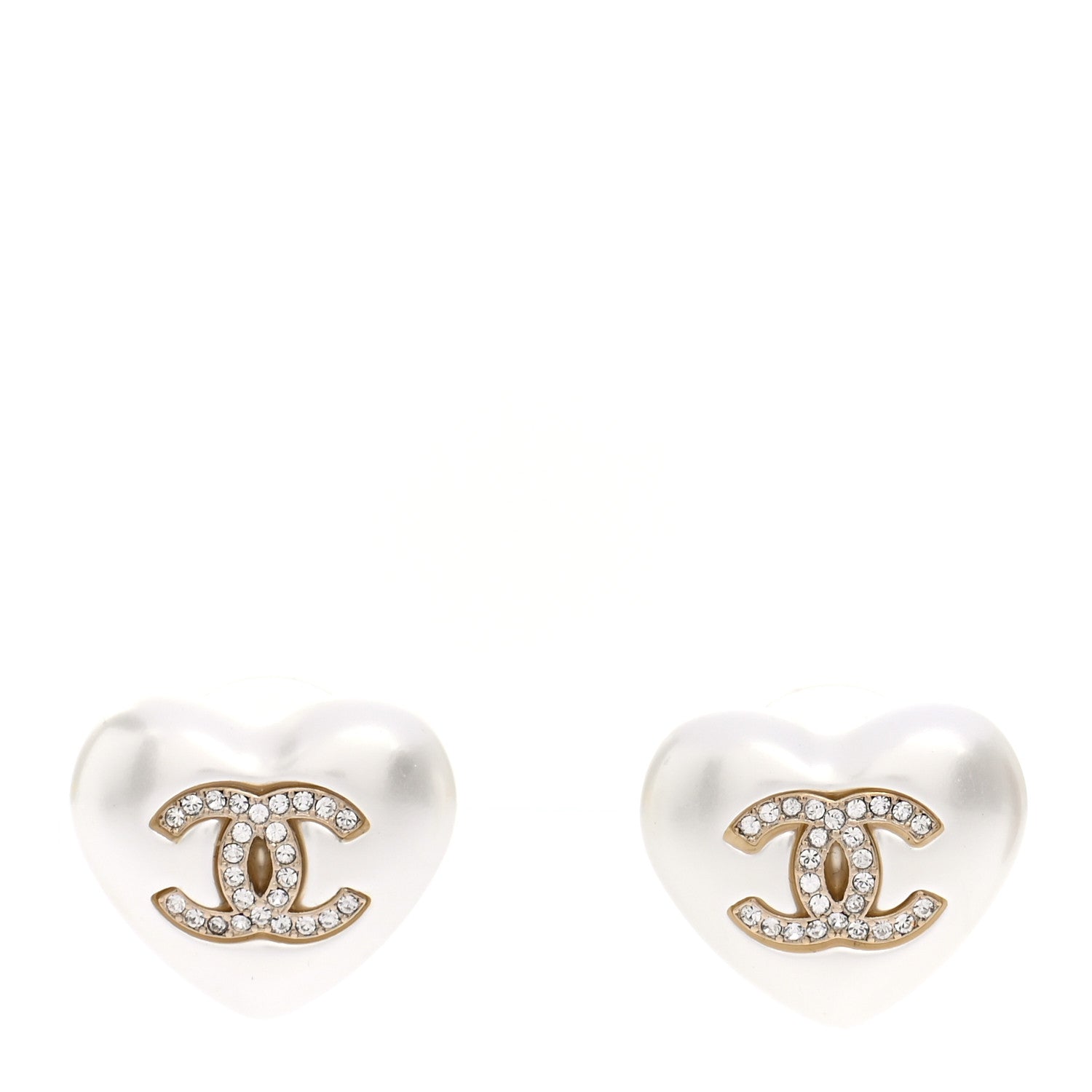 Chanel Pearl Crystal CC Heart Earrings Gold 1 of 5