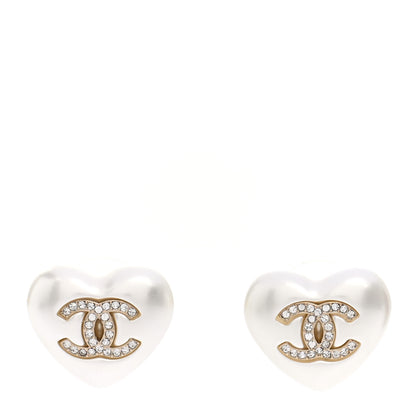 Chanel Pearl Crystal CC Heart Earrings Gold 1 of 5