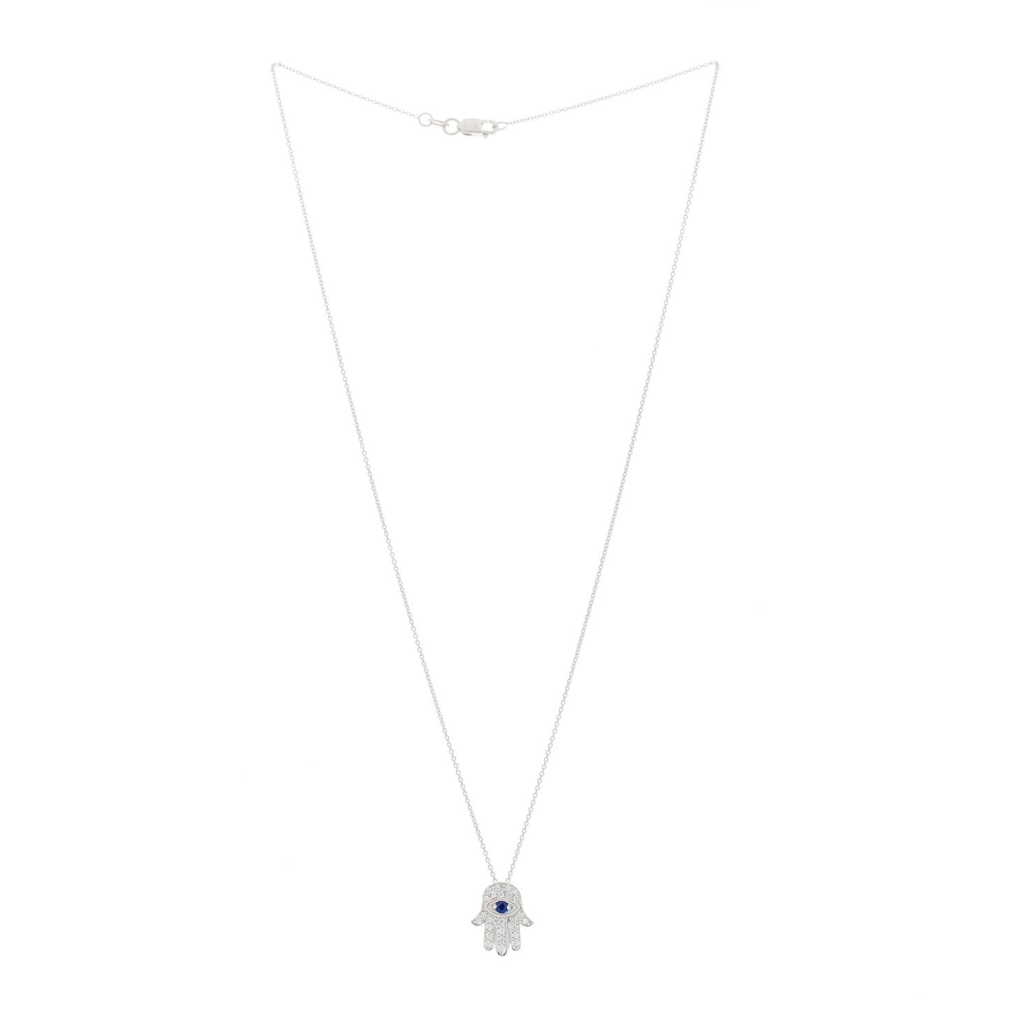 18K White Gold Diamond Blue Sapphire Hamsa Pendant Necklace