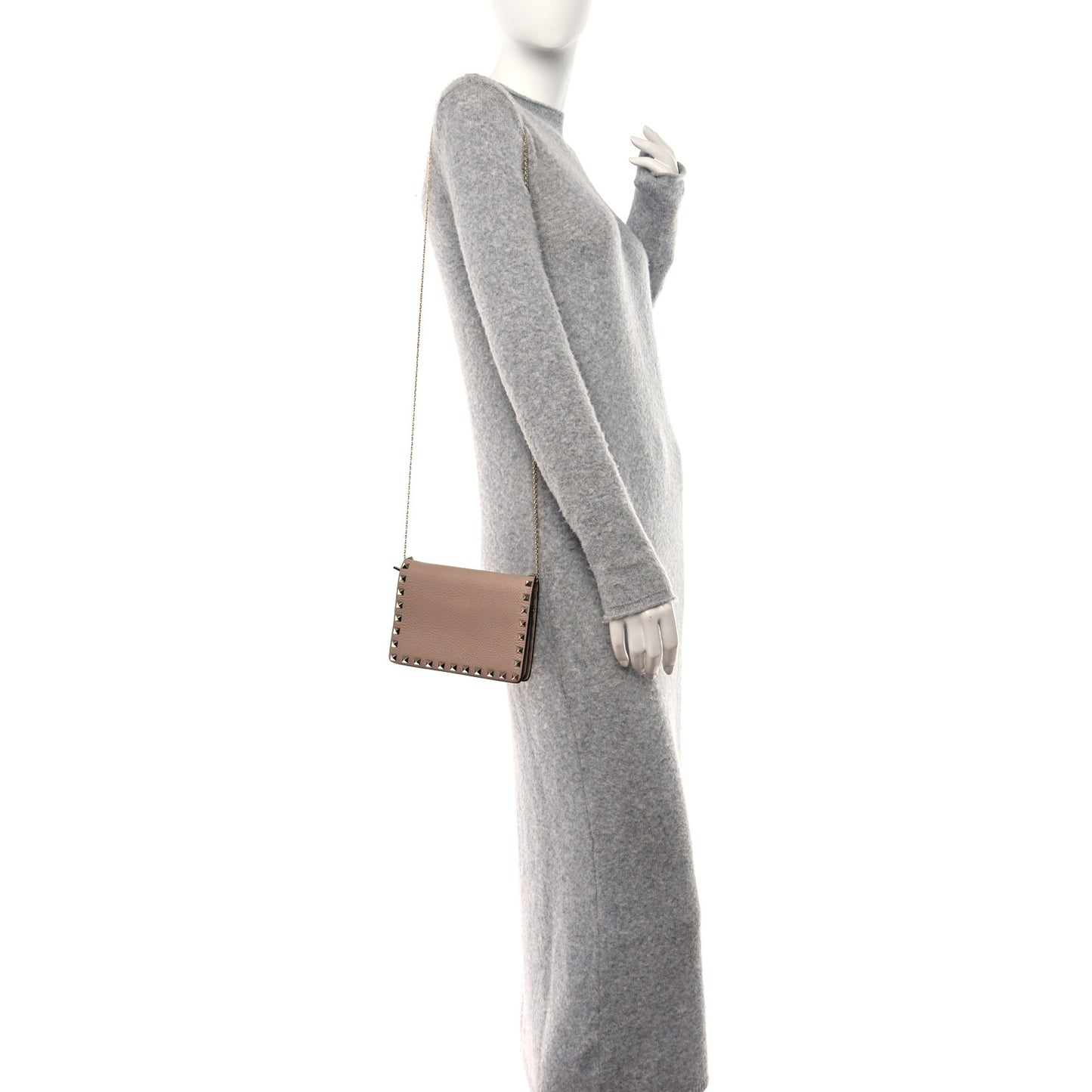 Pebbled Calfskin Rockstud Wallet On Chain Poudre