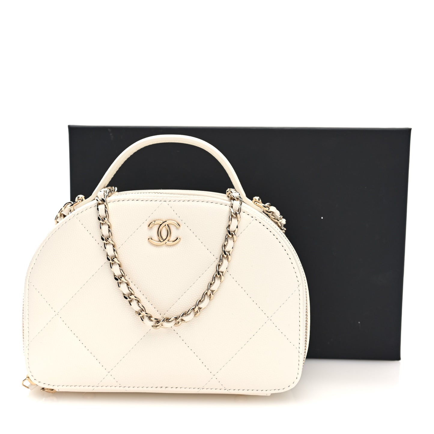 Grained Calfskin Quilted Top Handle Chain Clutch White