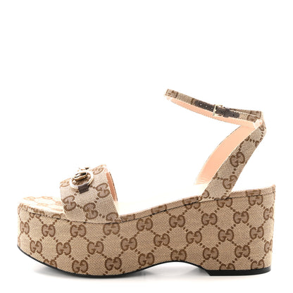Gucci Monogram Nappa Chalotte Horsebit Ankle Strap 75mm Flatform Sandals 39.5 Beige Ebony 1 of 9