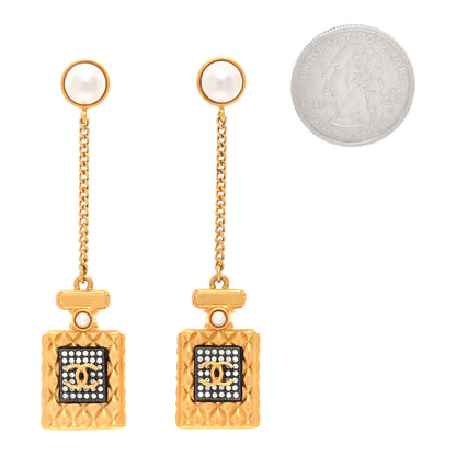 Chanel Crystal Pearl CC Perfume Bottle Chain Drop Earrings Gold 2 of 5