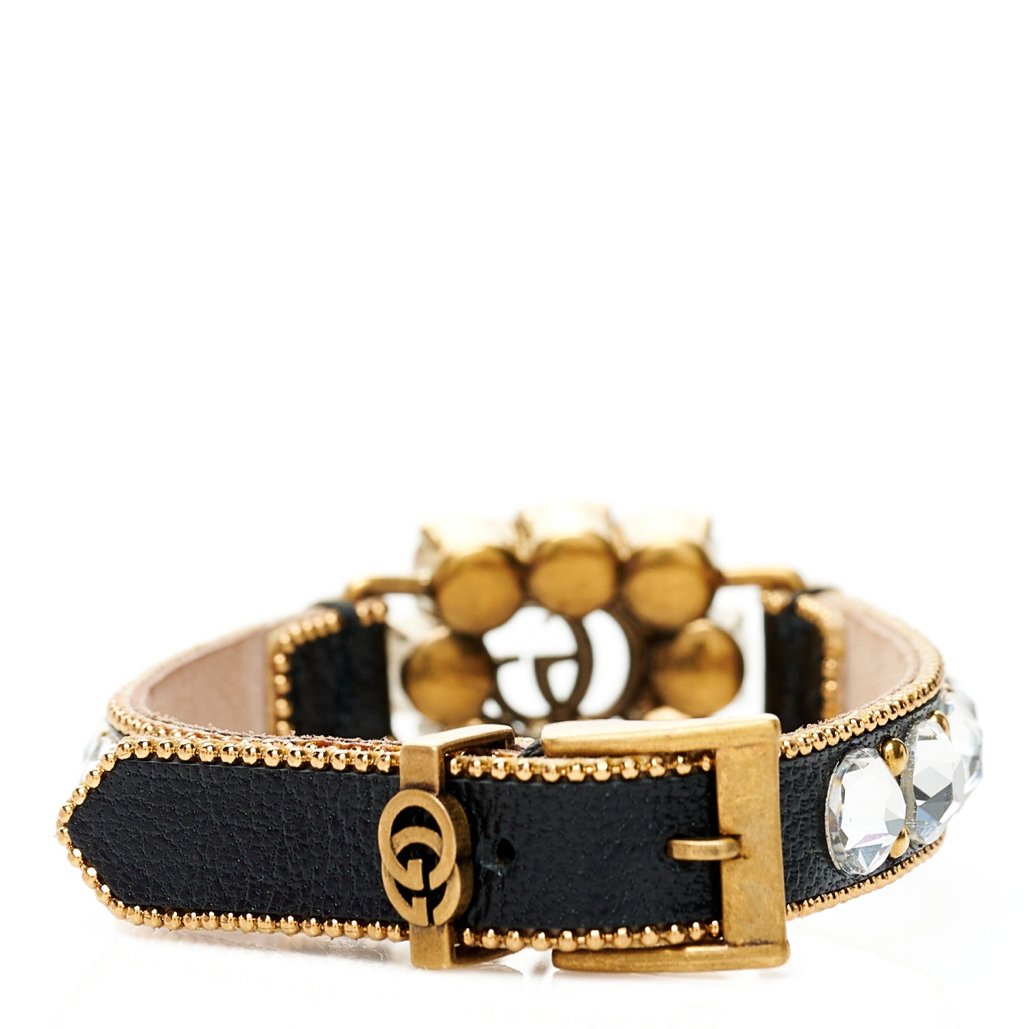 Gucci Metal Calfskin Crystal Double G Bracelet Black 2 of 5
