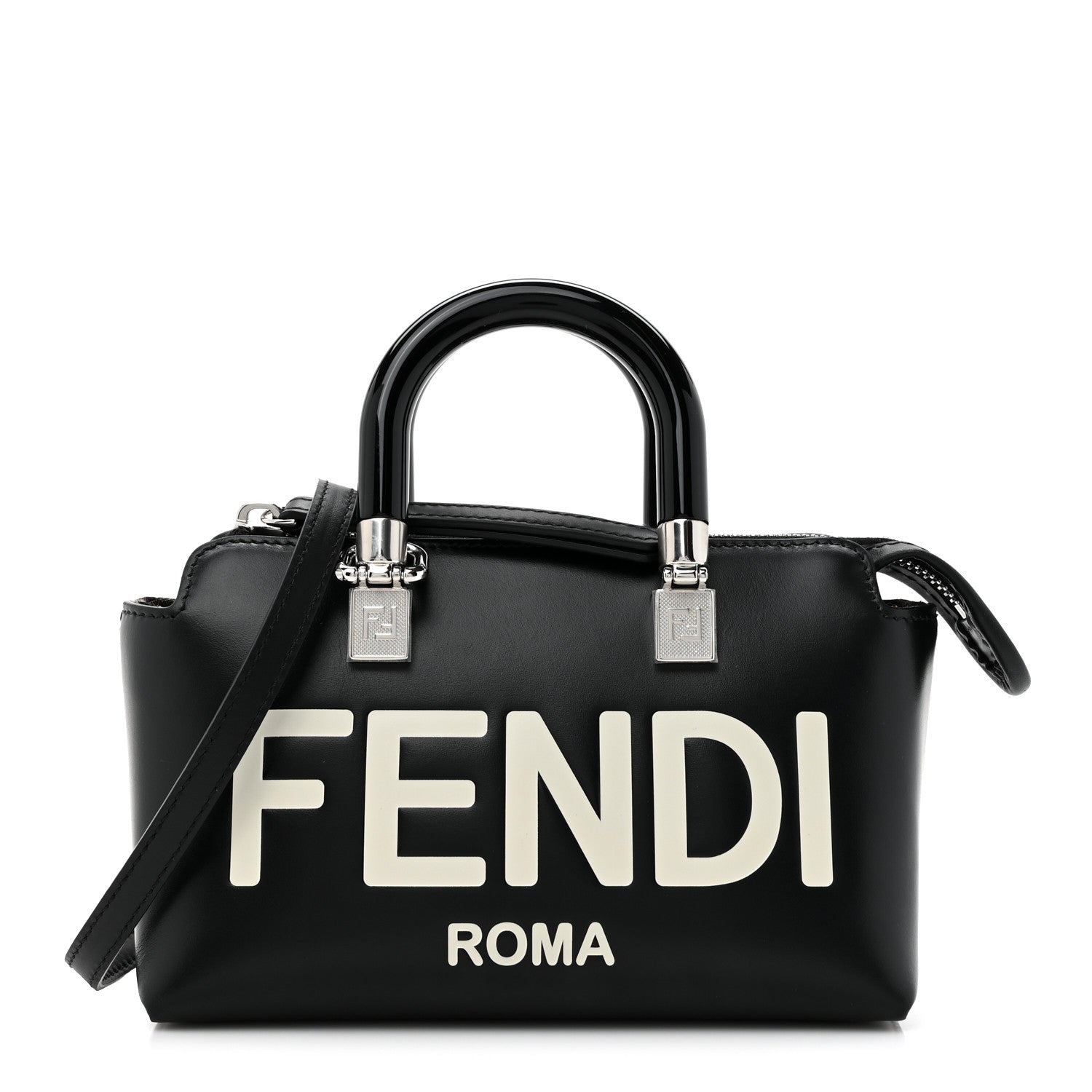 Fendi Vitello King Plexiglass Logo Embossed Mini By The Way Top Handle Boston Bag Black White 1 of 10
