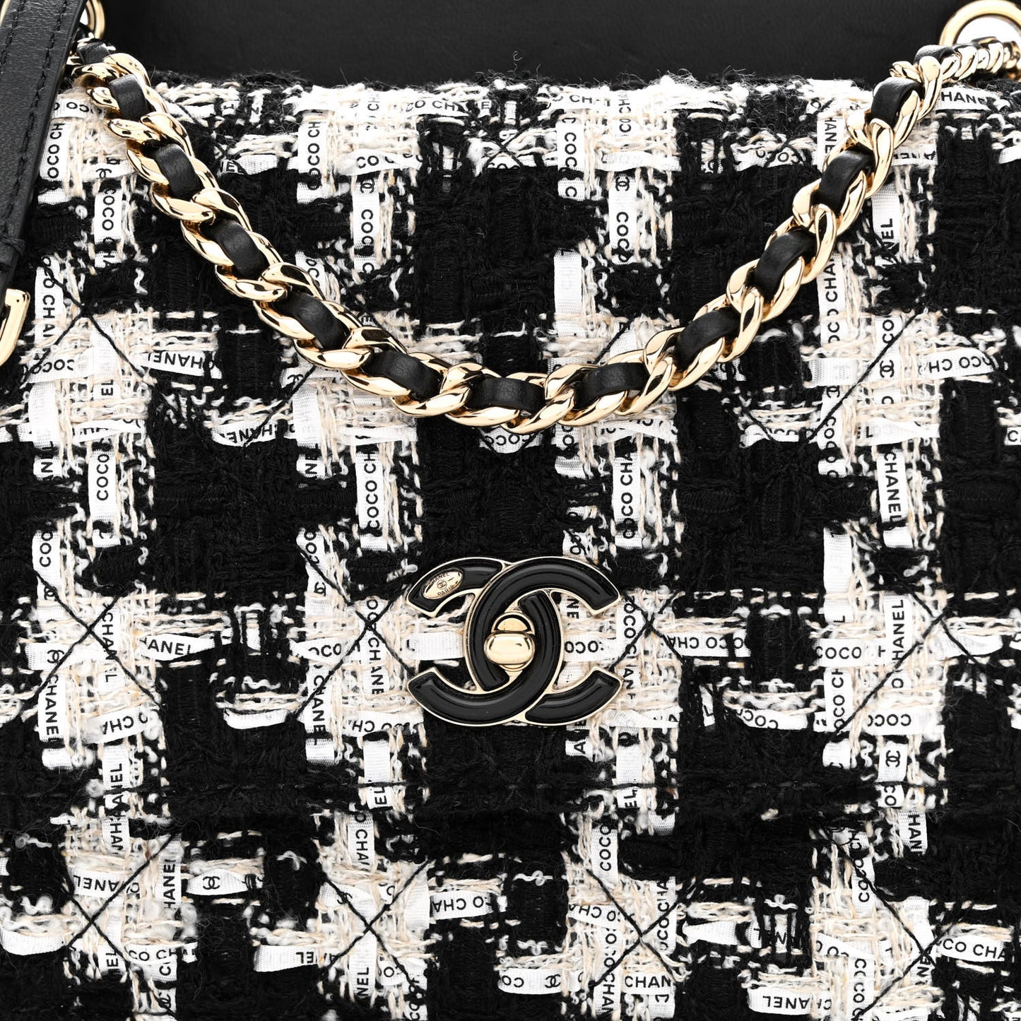 Tweed Lambskin Quilted Flap Black Ecru White