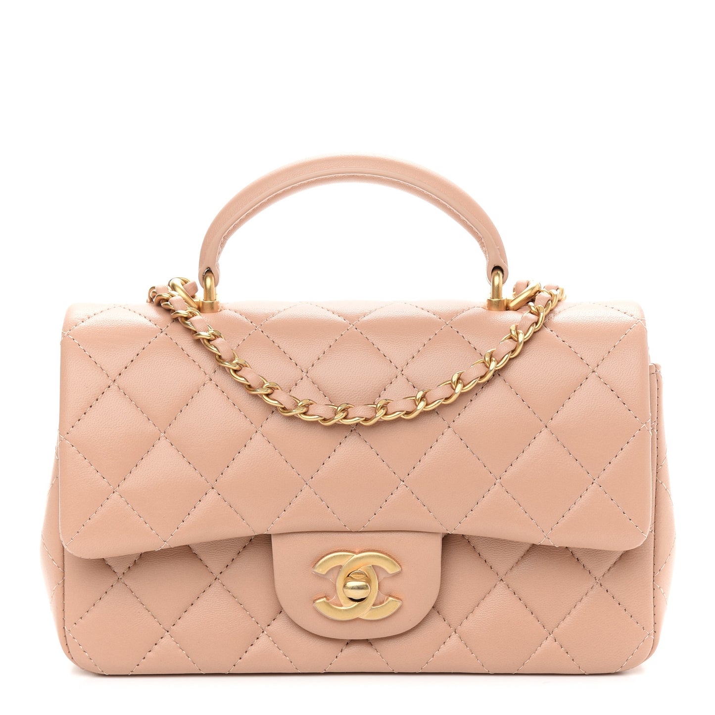 Lambskin Quilted Mini Top Handle Rectangular Flap Beige