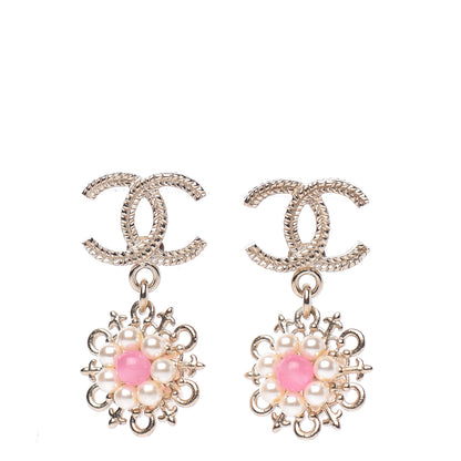Chanel Pearl Resin CC Flower Drop Earrings Pink Gold 1 of 5