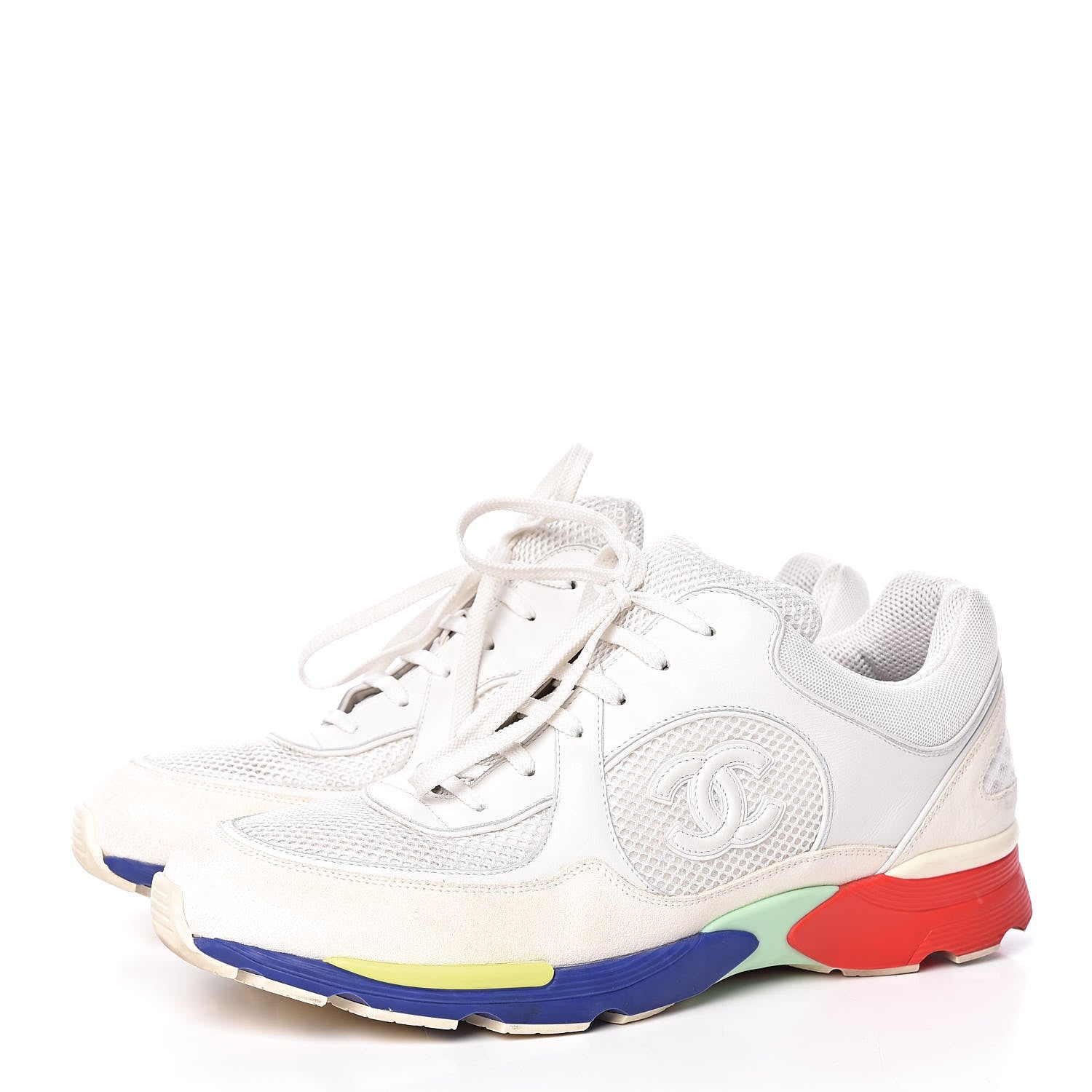 Chanel Calfskin Suede Fabric Mens Sneakers 44 White Blue Red 3 of 15