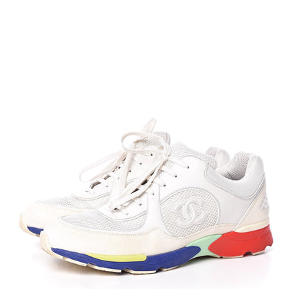 Chanel Calfskin Suede Fabric Mens Sneakers 44 White Blue Red 3 of 15