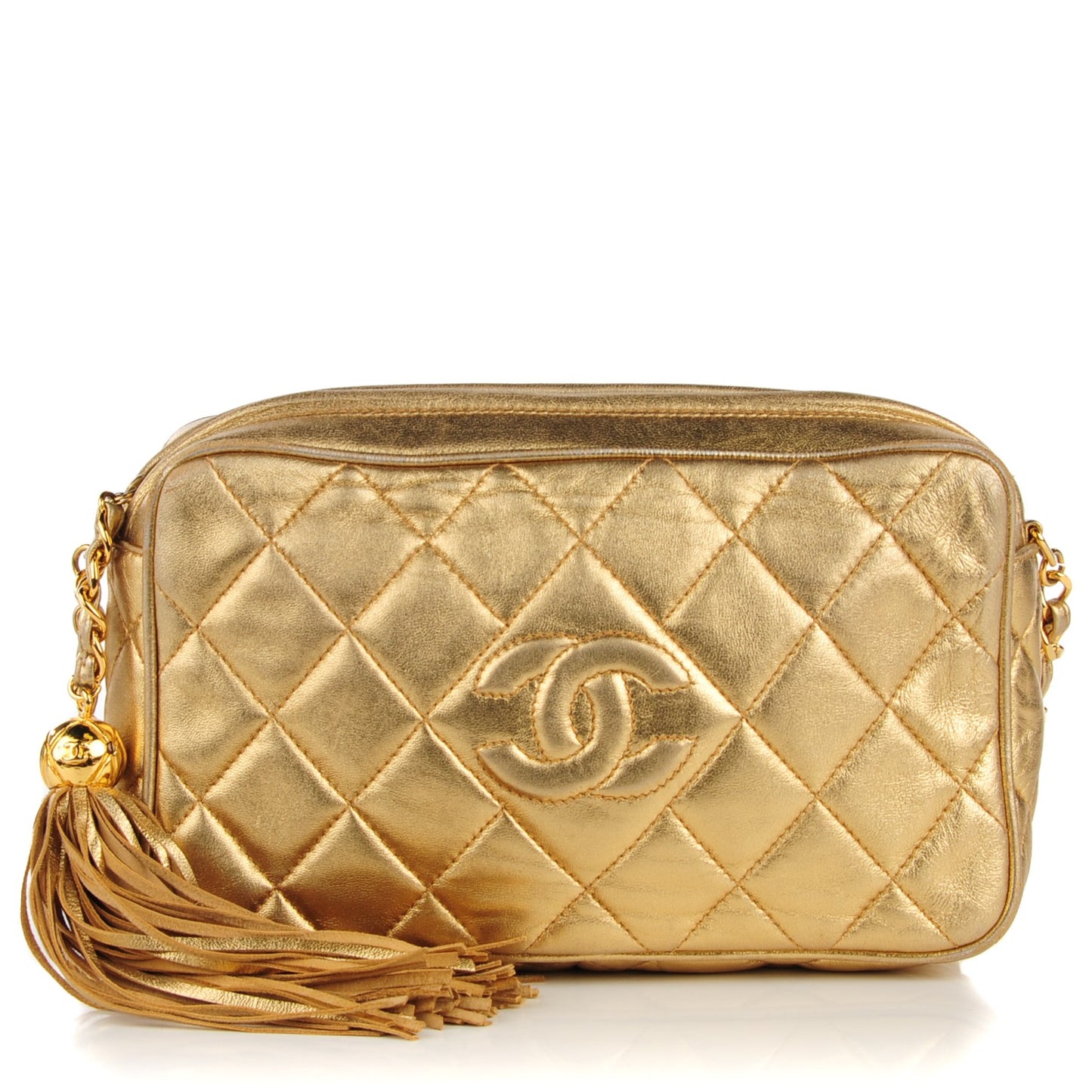 Metallic Lambskin Quilted Small Tassel Camera Case Gold