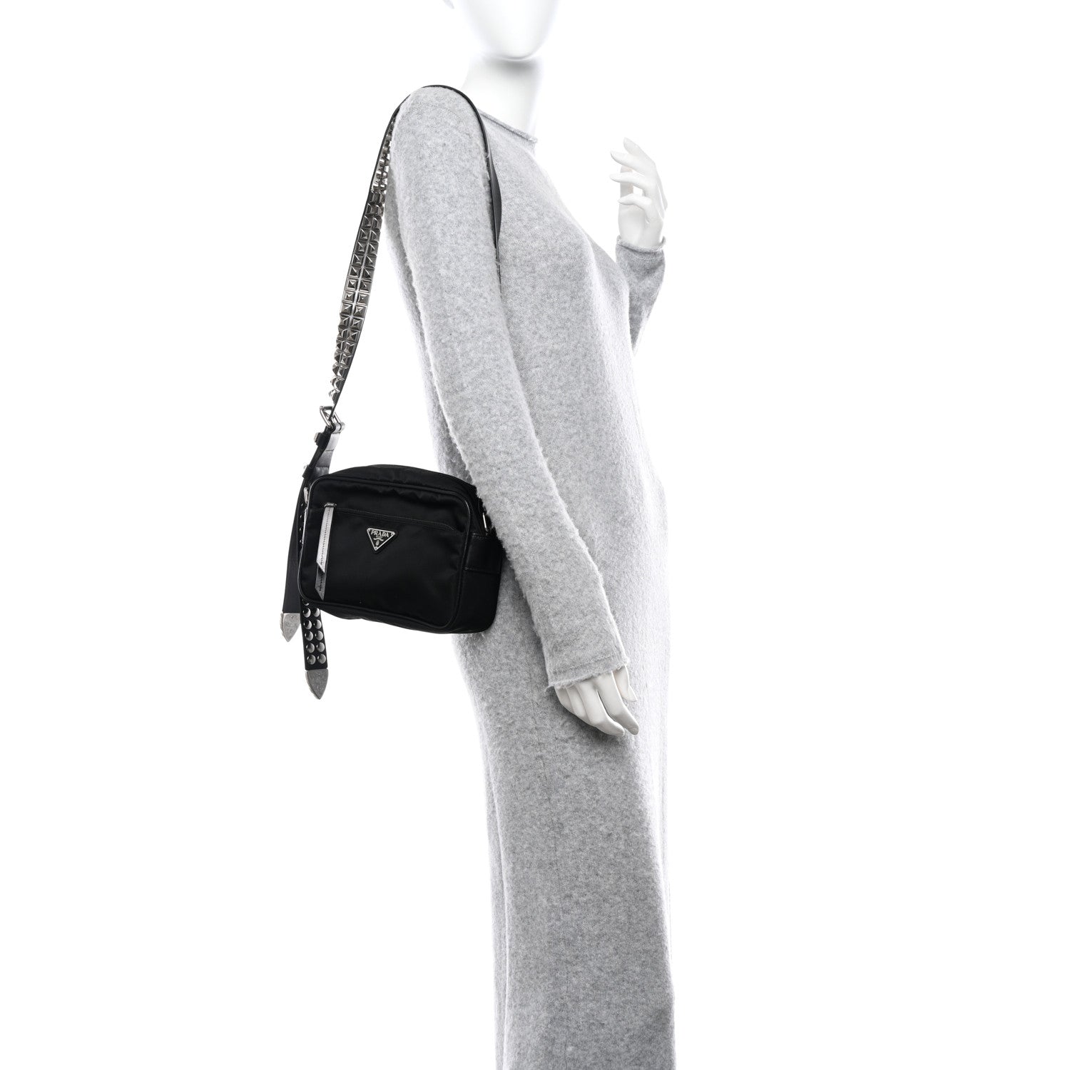 Prada Tessuto Nylon Studded New Vela Shoulder Bag Black Cromo 2 of 9