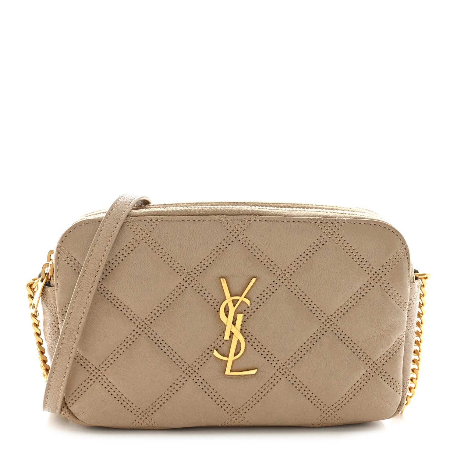 Saint Laurent Grained Lambskin Quilted Mini Becky Double Zip Bag Natural Tan 1 of 16