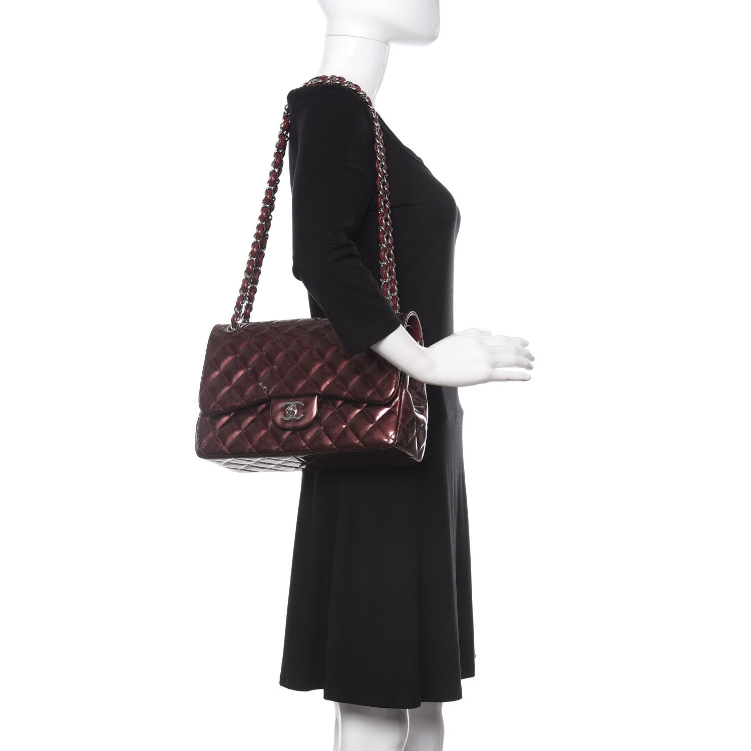 Chanel Striated Patent Quilted Jumbo Double Flap Burgundy 2 of 11