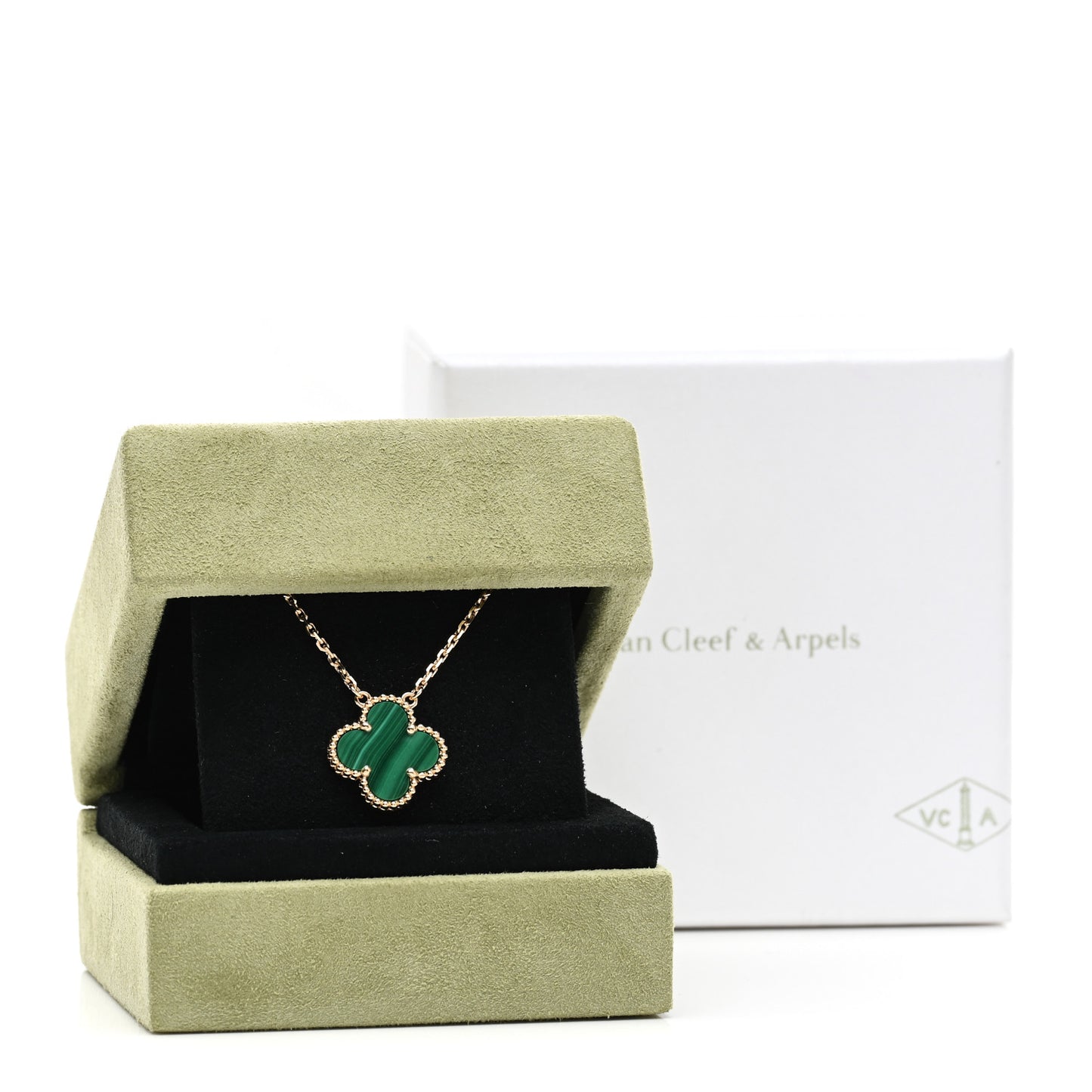 18K Yellow Gold Malachite Vintage Alhambra Pendant Necklace