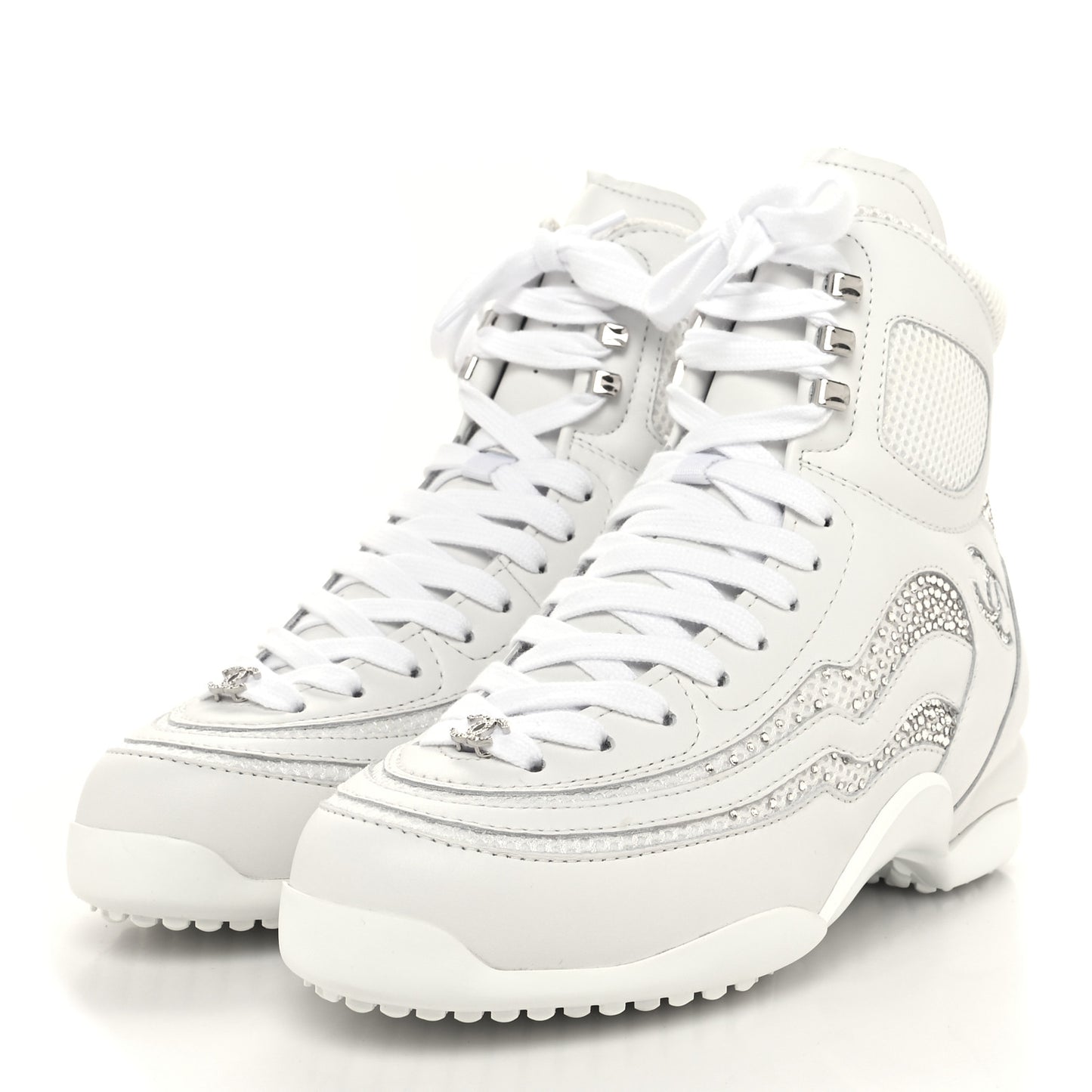 Calfskin Mesh Strass Womens CC Sneakers 39 White Silver