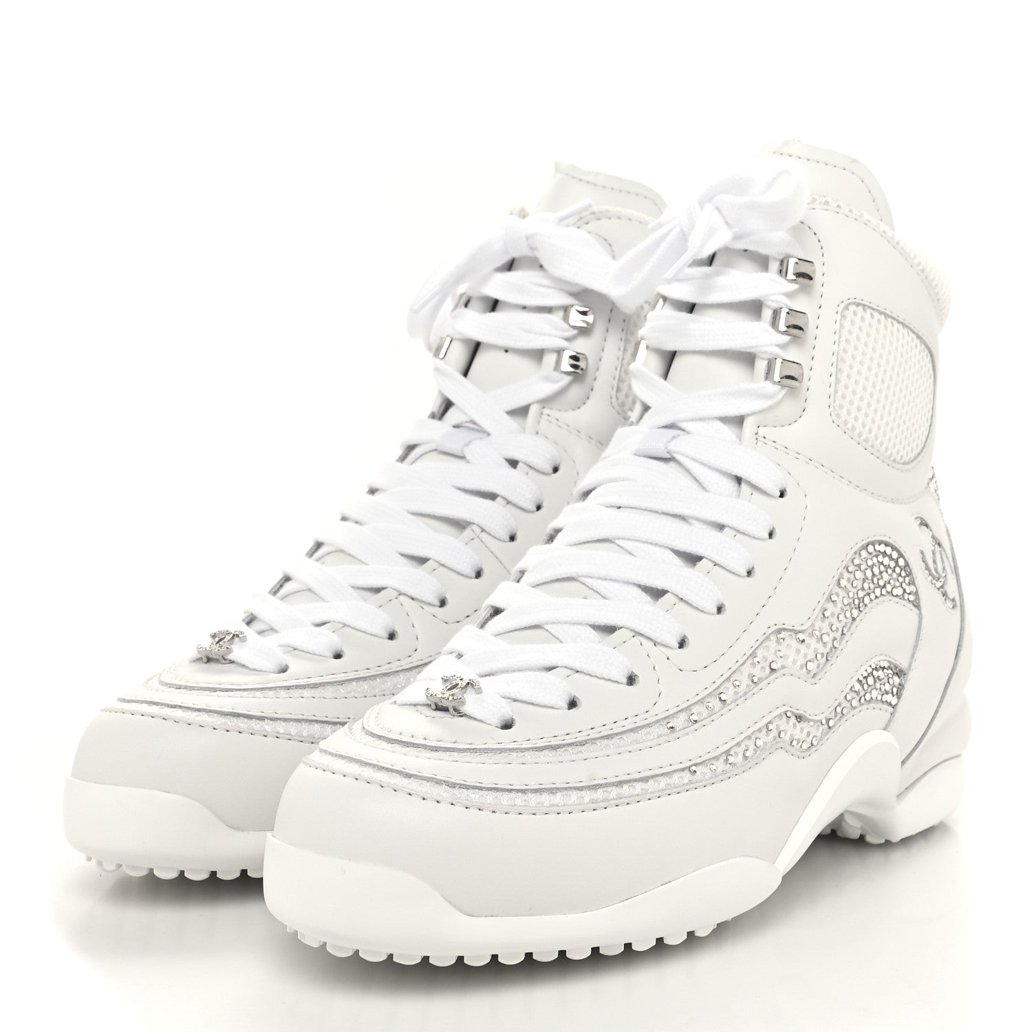 Chanel Calfskin Mesh Strass Womens CC Sneakers 39 White Silver 3 of 8