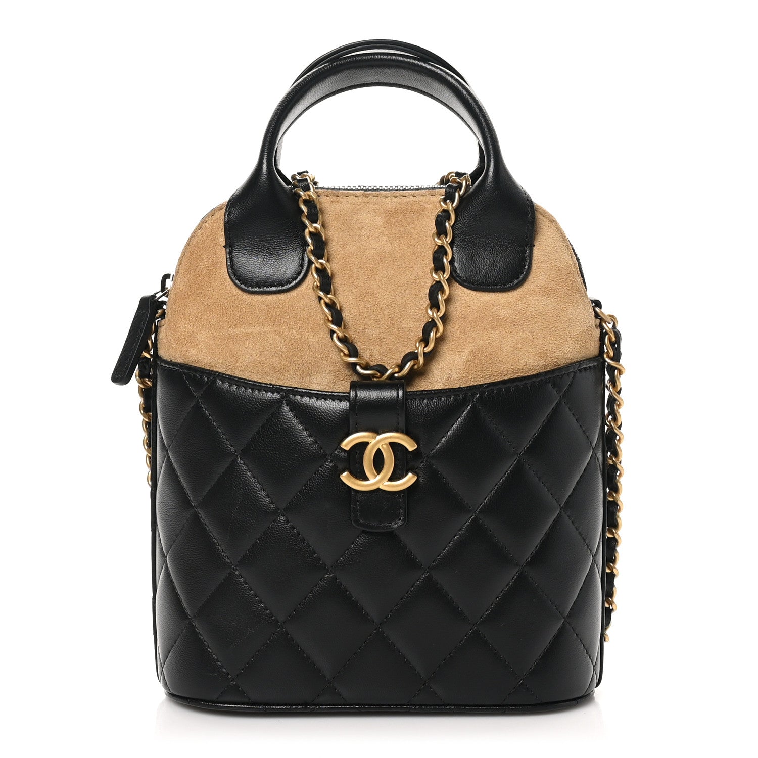 Chanel Suede Shiny Lambskin Quilted Top Handle Clutch With Chain Black Beige 1 of 10