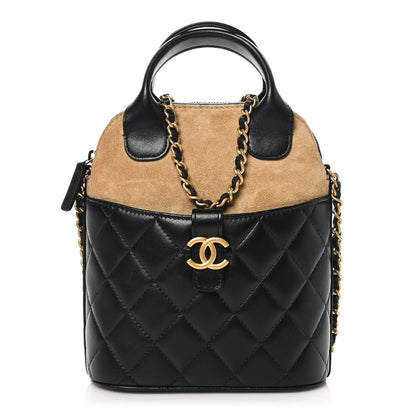 Chanel Suede Shiny Lambskin Quilted Top Handle Clutch With Chain Black Beige 1 of 10