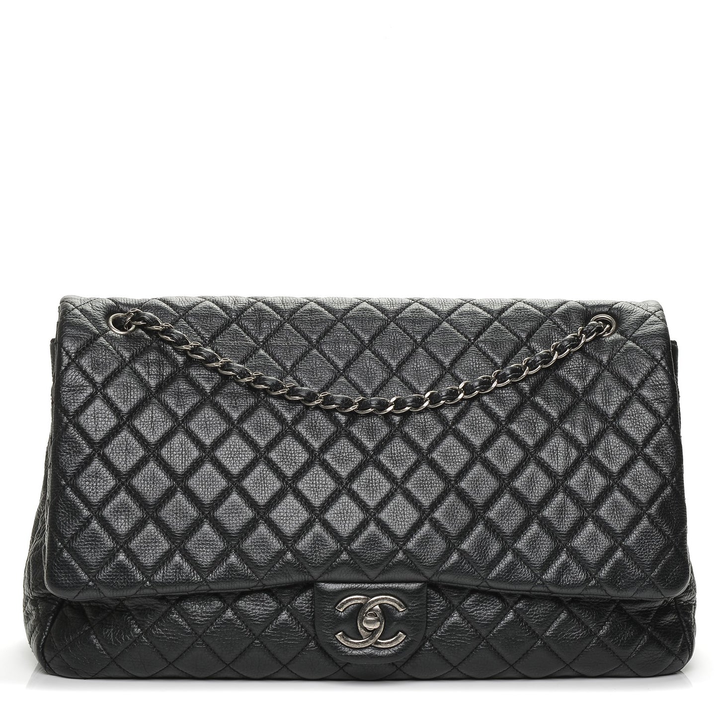 Calfskin Quilted XXL Travel Flap Bag Black