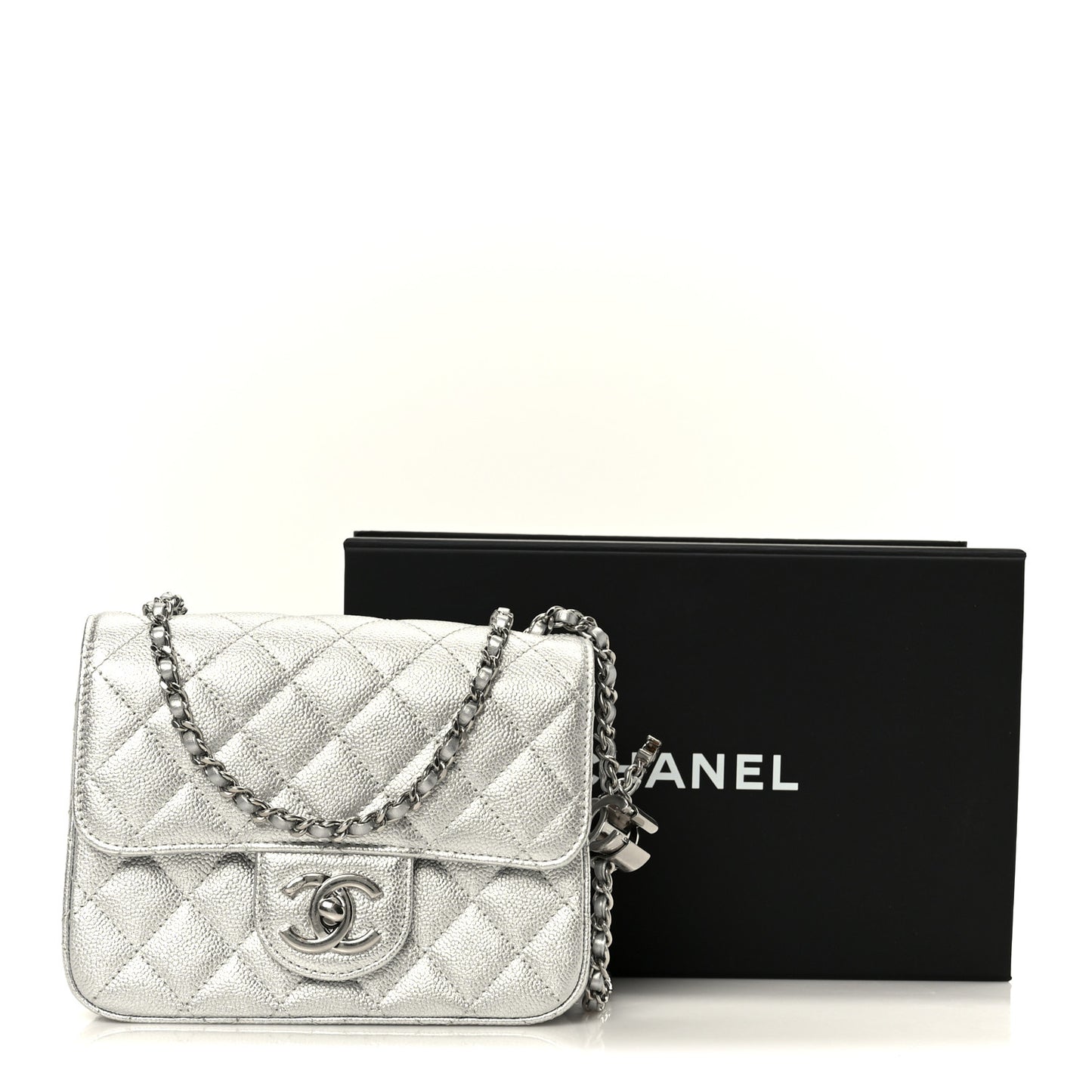 Metallic Caviar Quilted Mini Square CC Slide Flap Silver