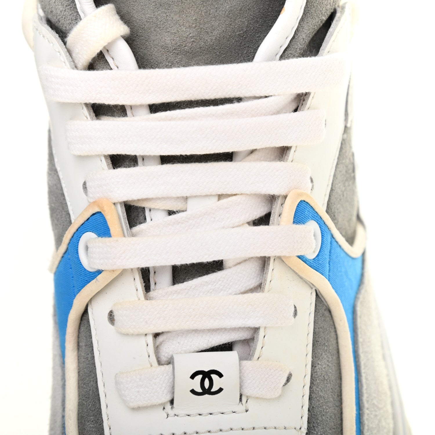 Chanel Suede Calfskin Lambskin High Top CC Sneakers 36 White Grey Fluo Blue 11 of 11