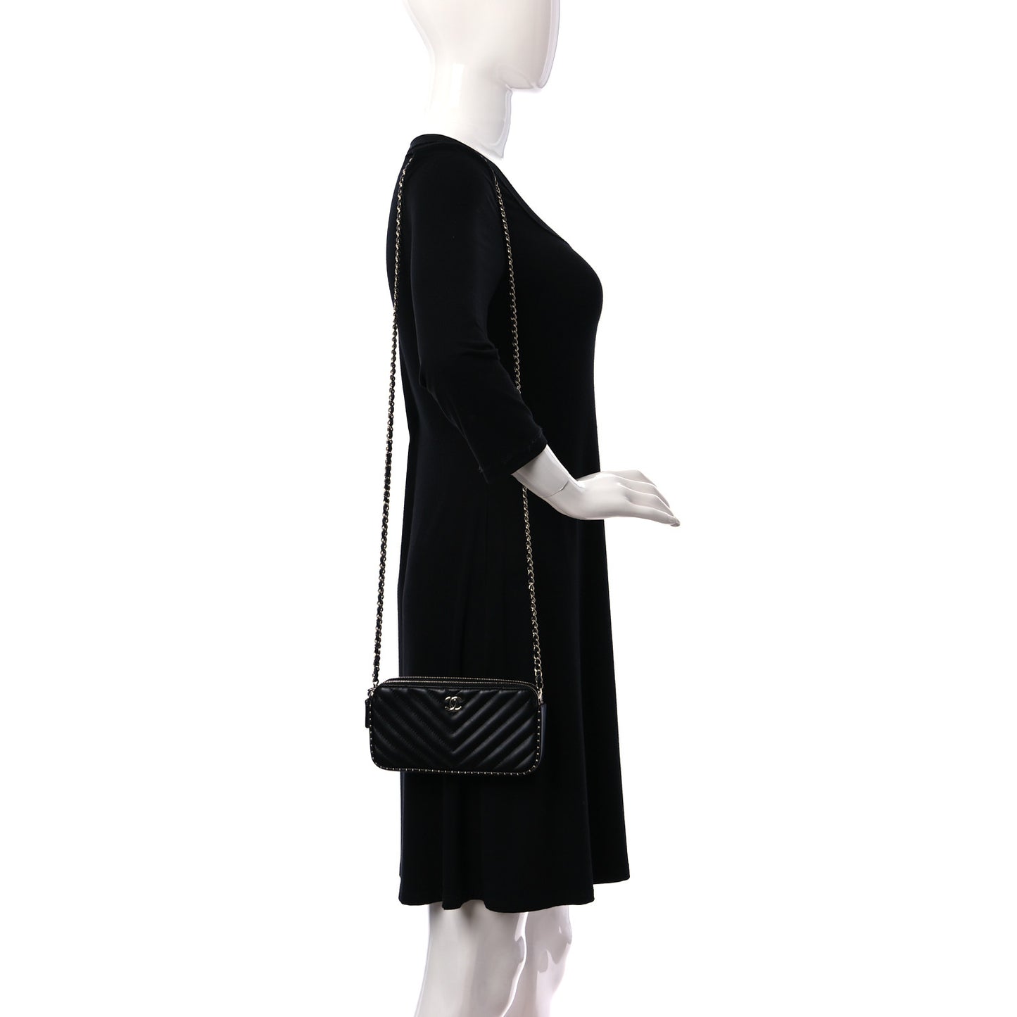 Lambskin Chevron Quilted Studded Clutch With Chain Black