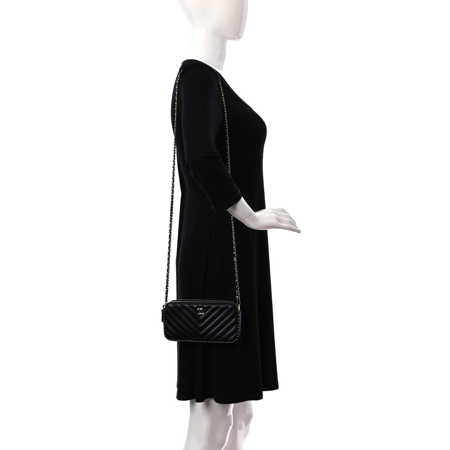 Chanel Lambskin Chevron Quilted Studded Clutch With Chain Black 3 of 13