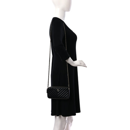 Chanel Lambskin Chevron Quilted Studded Clutch With Chain Black 3 of 13