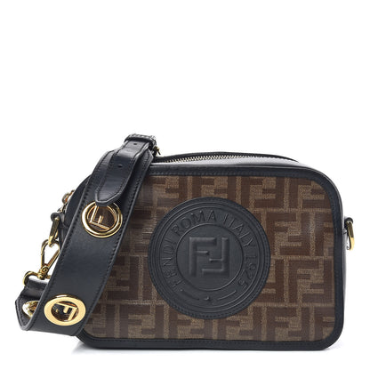 Fendi Glazed Fabric Vitello Century F is Fendi FF 1974 Stamp Patch Camera Case Mogano Panna Black 1 of 10