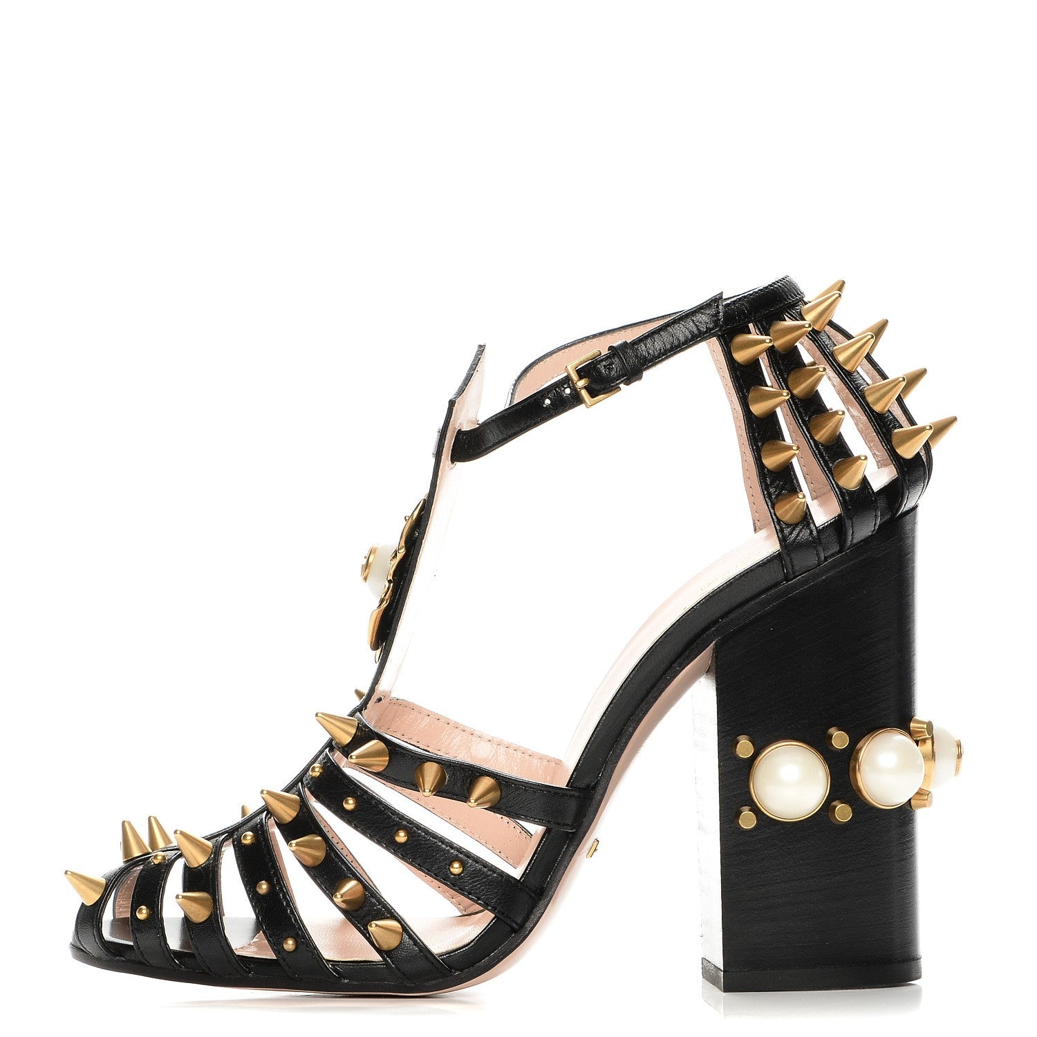 Gucci Kid Leather Studded Kendall Sandals 40.5 Black Gold 1 of 7
