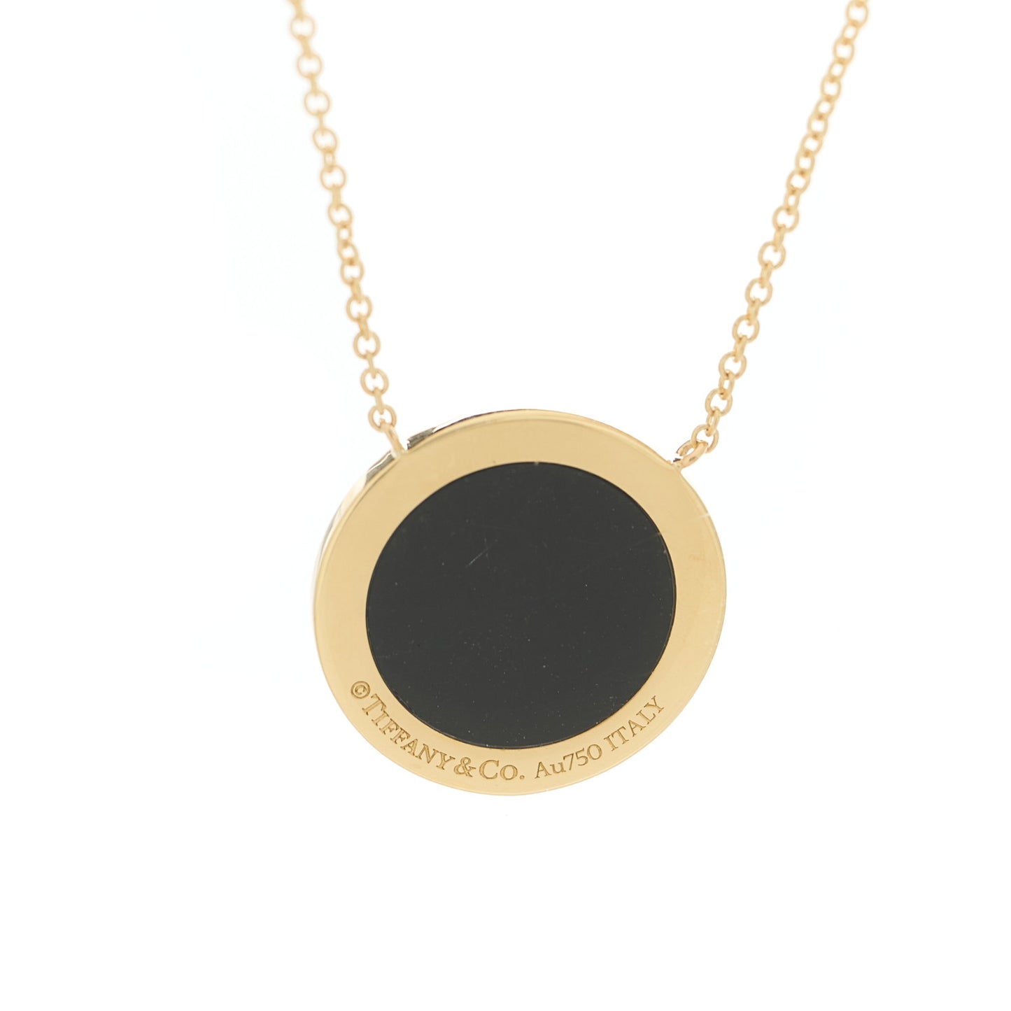 18K Yellow Gold Diamond Black Onyx 16mm T Circle Pendant Necklace