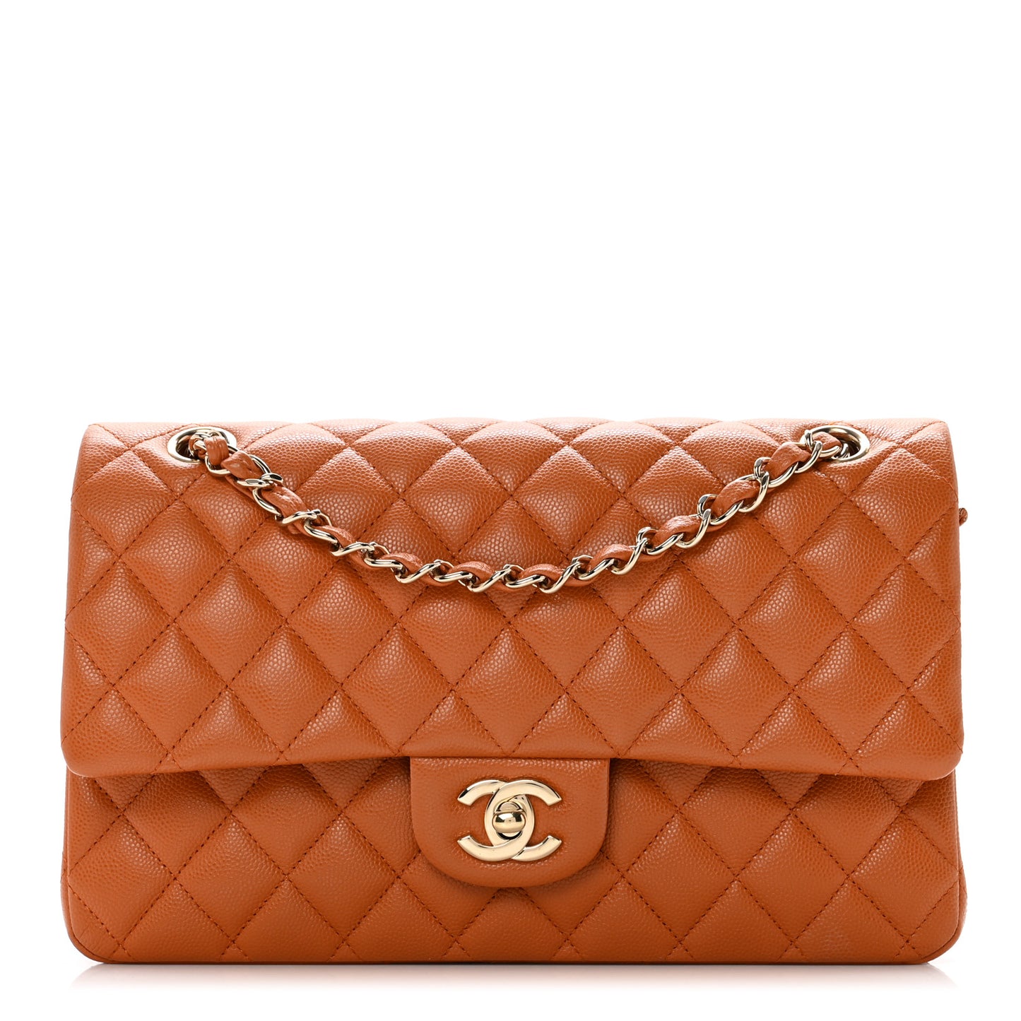 Caviar Quilted Medium Double Flap Light Brown