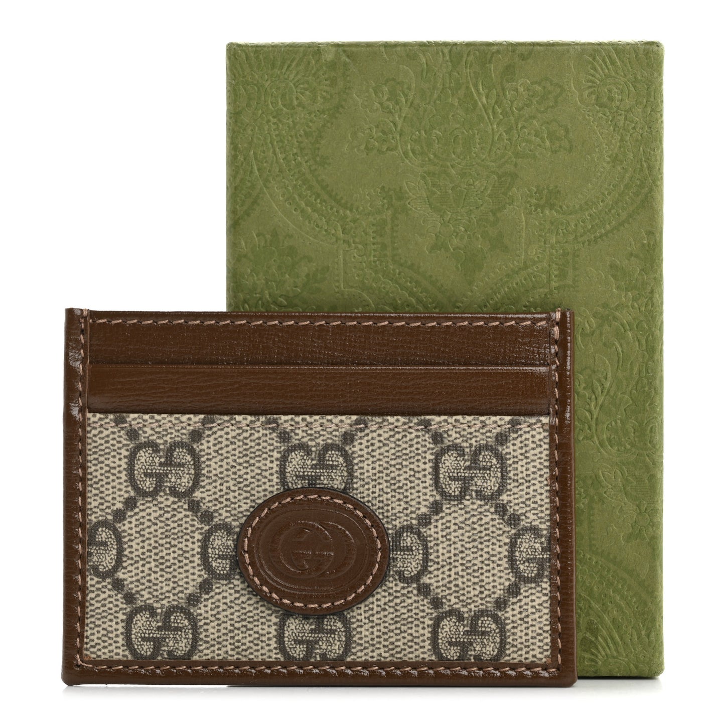 GG Supreme Monogram Azalea Calfskin Retro Interlocking G Card Holder Beige Ebony Brown Sugar